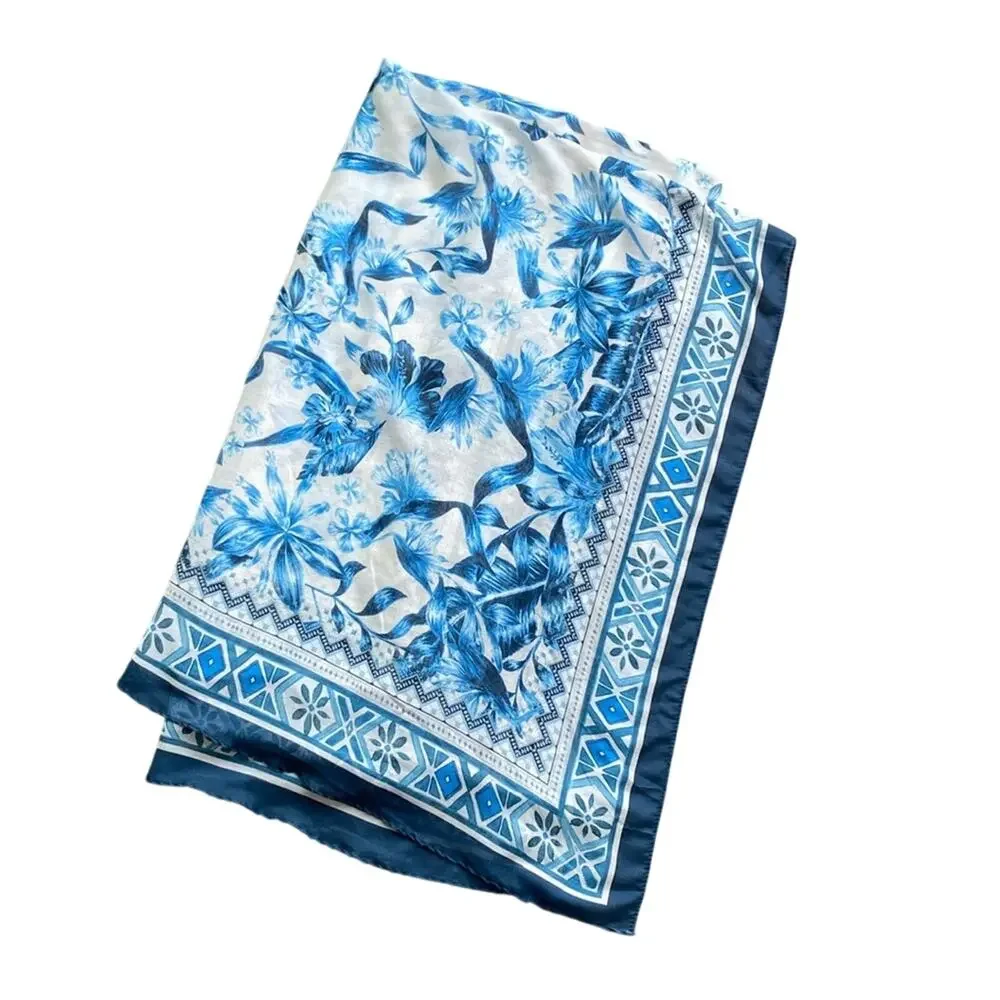 Floral Print Scarf Blue White One Size